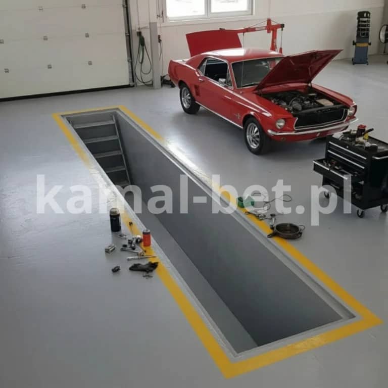 Wizualizacja betonowego kanału samochodowego w warsztacie