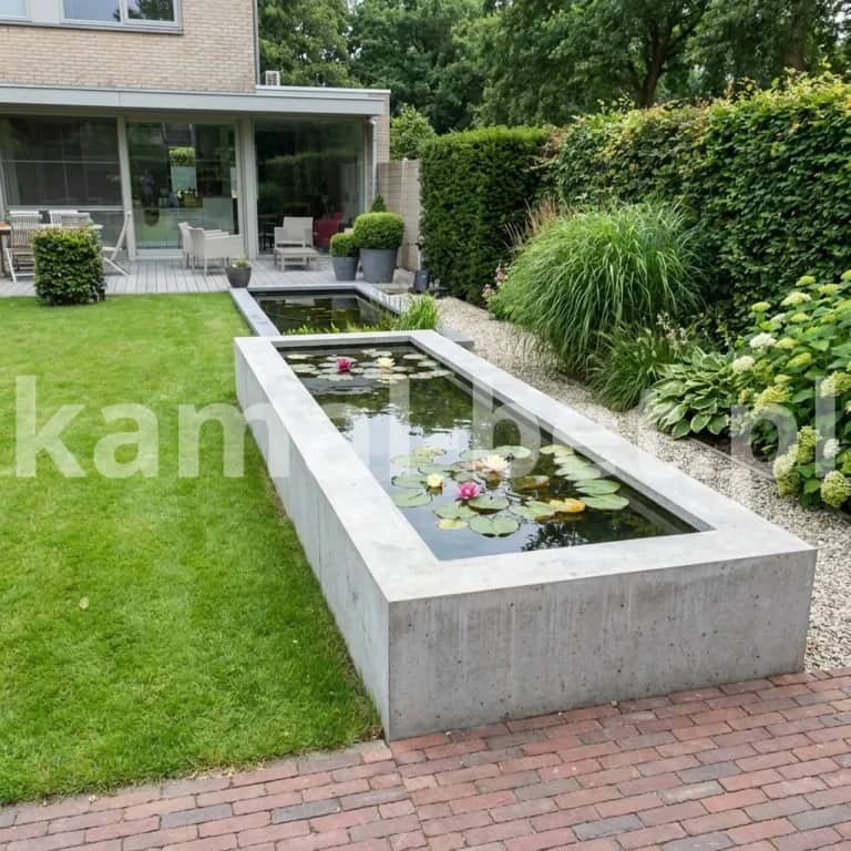 Nadziemne betonowe oczko wodne z liliami wodnymi – styl nowoczesny