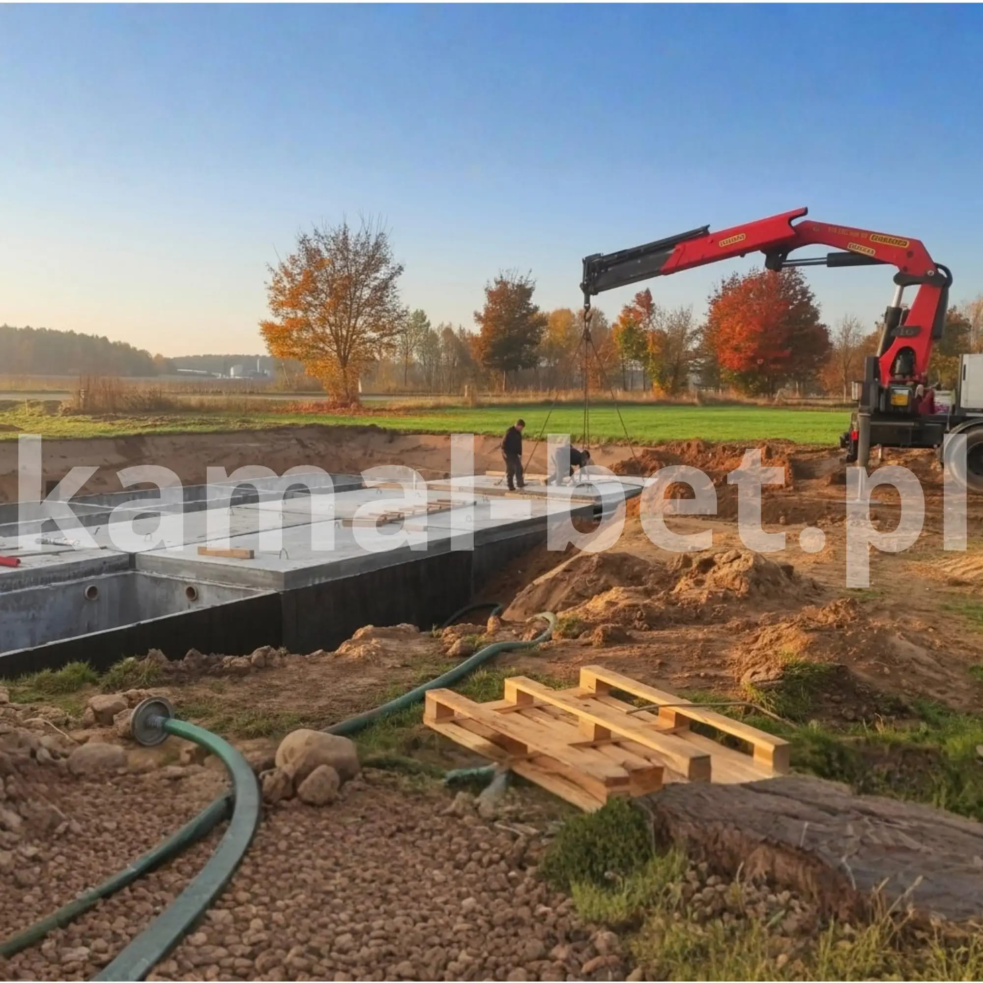 Montaż zbiorników betonowych w wykopie dźwigiem HDS